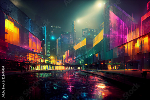 Abstract neon mega city with light reflection. generative ai