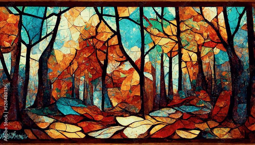 Spectacular autumn season abstract pattern in mosaic glass background features with yellow forest landscape and sky. Digital art 3D illustration. - obrazy, fototapety, plakaty 