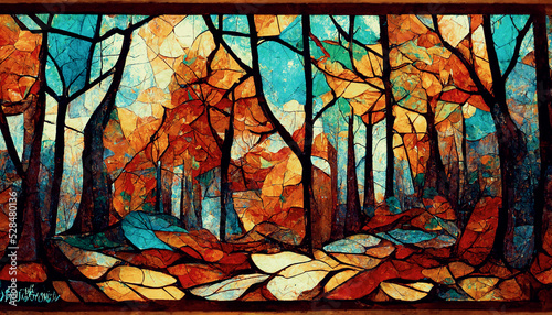 Spectacular autumn season abstract pattern in mosaic glass background features with yellow forest landscape and sky. Digital art 3D illustration.