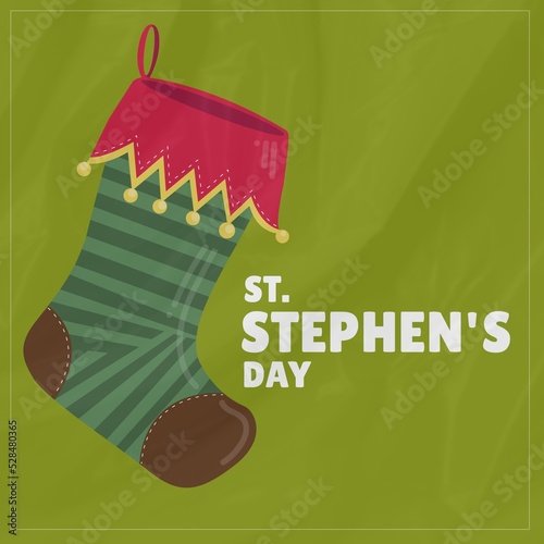 Composition of st stephen's day text over sock on green background photo