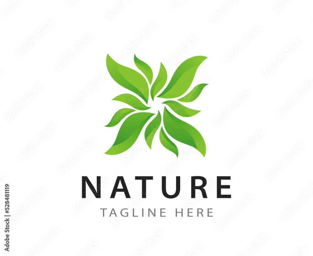 Ecology logotype with green leaves in creative round shape. Seal with text caption - Name and Description or Slogan.