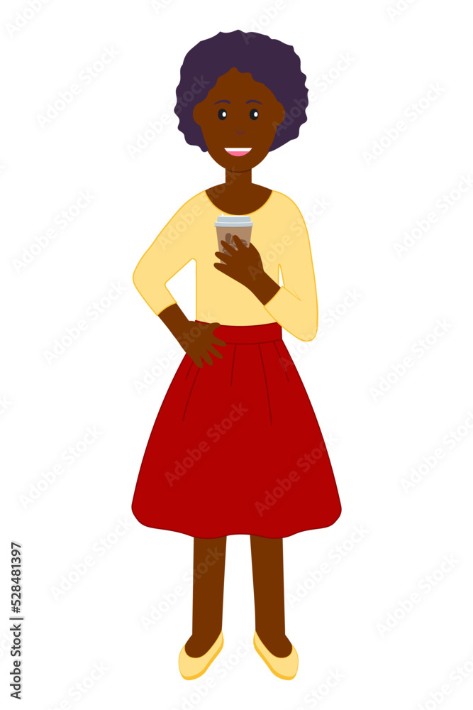 Happy smiling trendy black girl holding coffee cup and other hand on his belt. Male character design illustration. Modern lifestyle, food and drink concept. Happy smiling trendy black girl holding coffee cup and other hand on his belt. Male character design illustration. Modern lifestyle, food and drink concept.