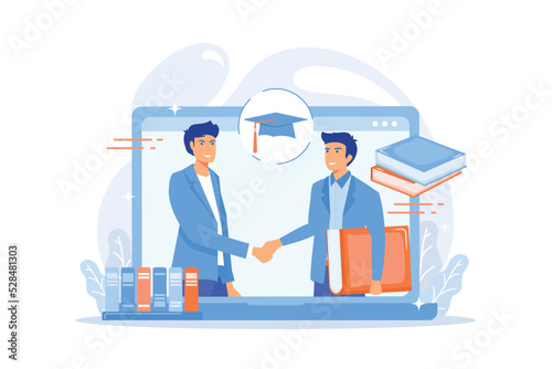 Teacher with books helping student at online lesson on laptop screen. Online tutor, on-demand homework help, english teacher online concept. flat vector modern illustration