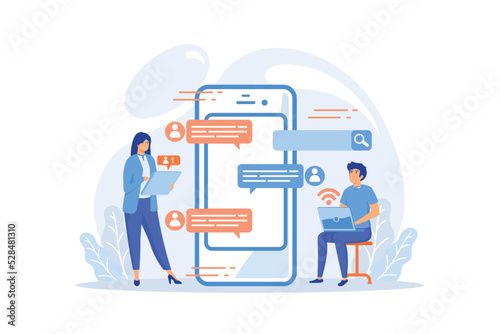 Stalker with laptop controls and intimidates the victim with messages. Cyberstalking, pursuit of social identity, online false accusations concept.flat vector modern illutration