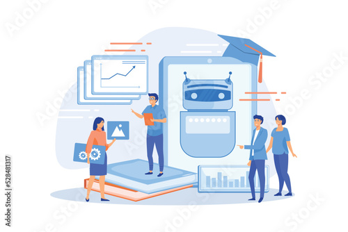 Programmers with charts make chatbot learn data from past results. Chatbot self learning, virtual assistants learning, AI machine learning concept.flat vector modern illustration
