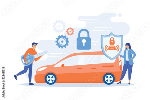 Businessman with car remote key and woman with shield at car with padlock. Car alarm system, anti-theft system, vehicle thefts statistics concept.flat vector modern illustration
