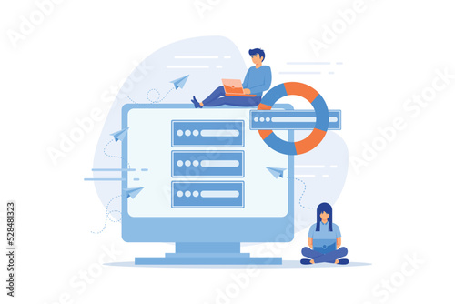 Tiny people programmers with laptops save data on backup server with lifebuoy. Backup server, online backup storage, secondary system server concept. flat vector modern illustration