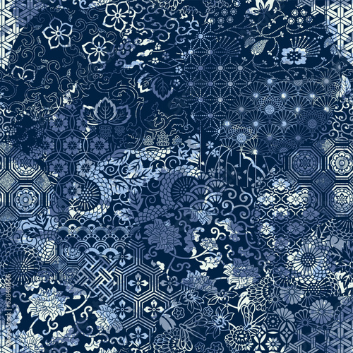 Traditional Japanese blue fabric patchwork wallpaper grunge abstract vector seamless pattern 