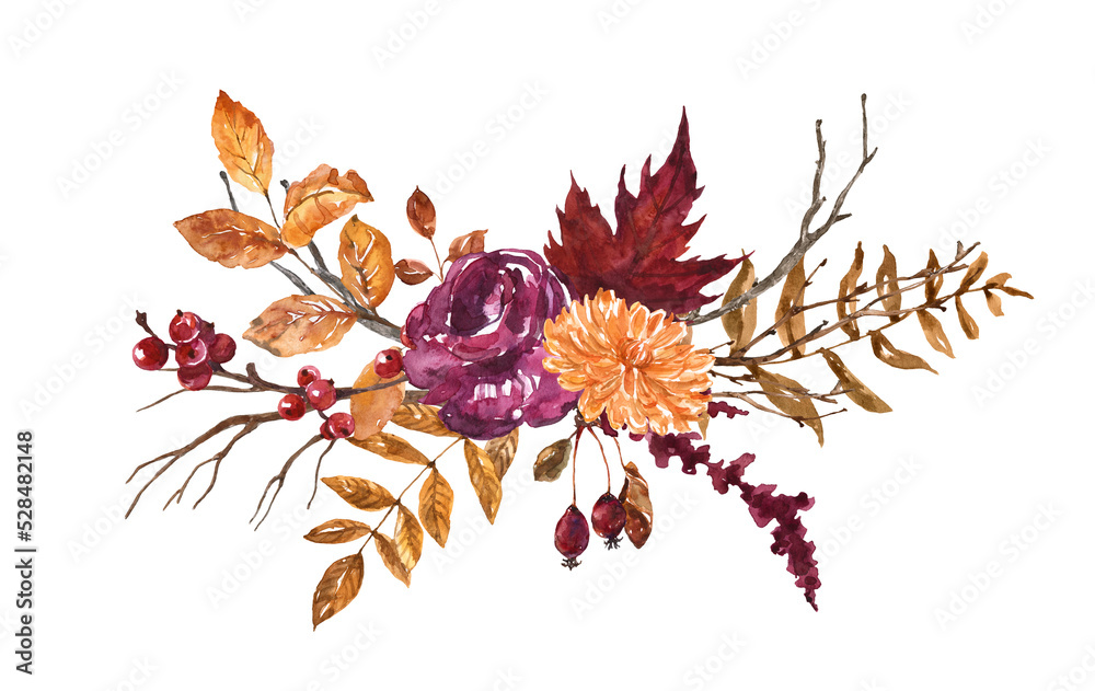 Fototapeta premium Autumn floral arrangement, watercolor hand-painted illustration. Burgundy and orange flowers, dry leaves, berries and branches, isolated on white background.
