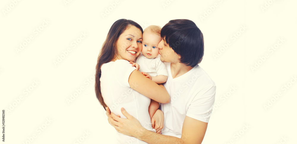 Family portrait of happy mother and father kissing baby on white background Family portrait of happy mother and father kissing baby on white background