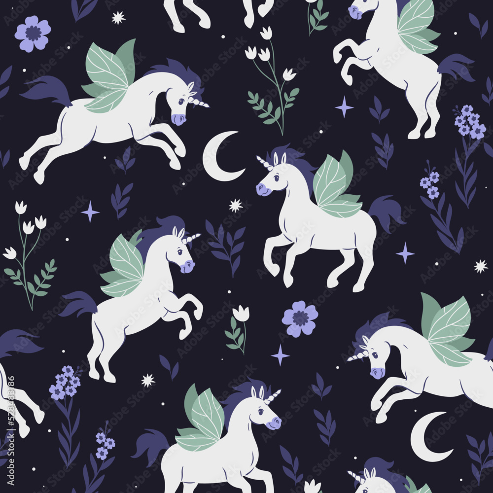 Seamless pattern with winged unicorns, stars and flowers. Vector graphics.