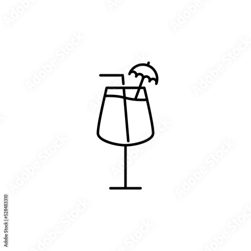 red wine glass icon with straw and umbrella garnish on white background. simple, line, silhouette and clean style. black and white. suitable for symbol, sign, icon or logo