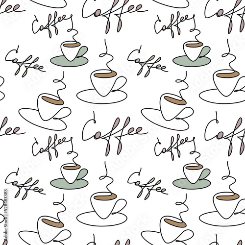 Seamless coffee cup pattern vector. Abstract line backdrop illustration with handwritten lettering. Wallpaper, background, fabric, textile, print, wrapping paper or package design.