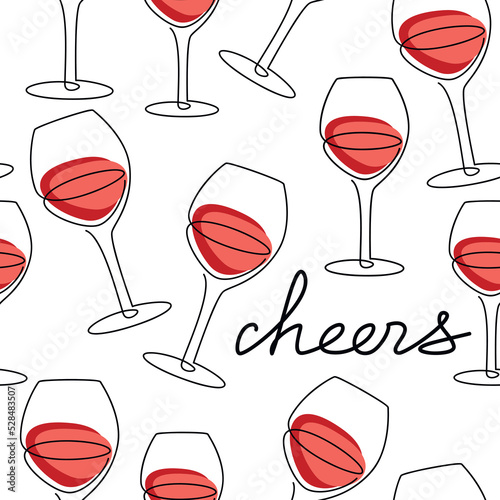 Red wine glass icon seamless vector pattern. One line continuous hand drawn illustration with handwritten lettering. Wallpaper, graphic background, fabric, print, wrapping paper or package design.