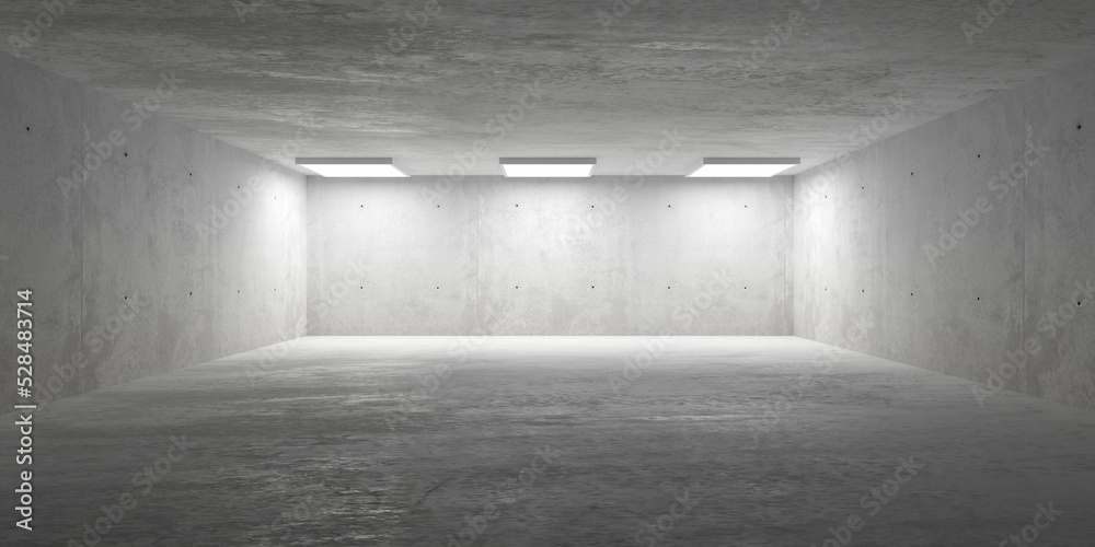 Abstract empty, modern concrete room with line of three square lights on the ceiling and rough floor - industrial interior background template Abstract empty, modern concrete room with line of three square lights on the ceiling and rough floor - industrial interior background template