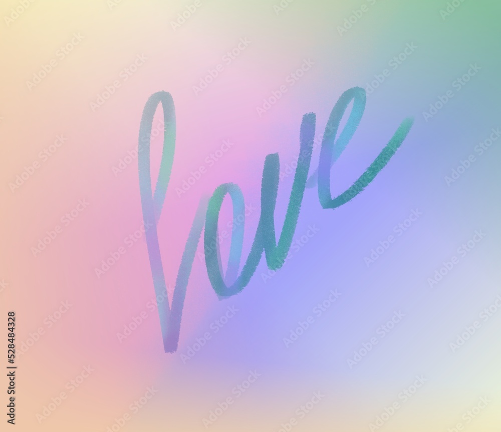 illustration handwritten lettering love on a light pink and blue background