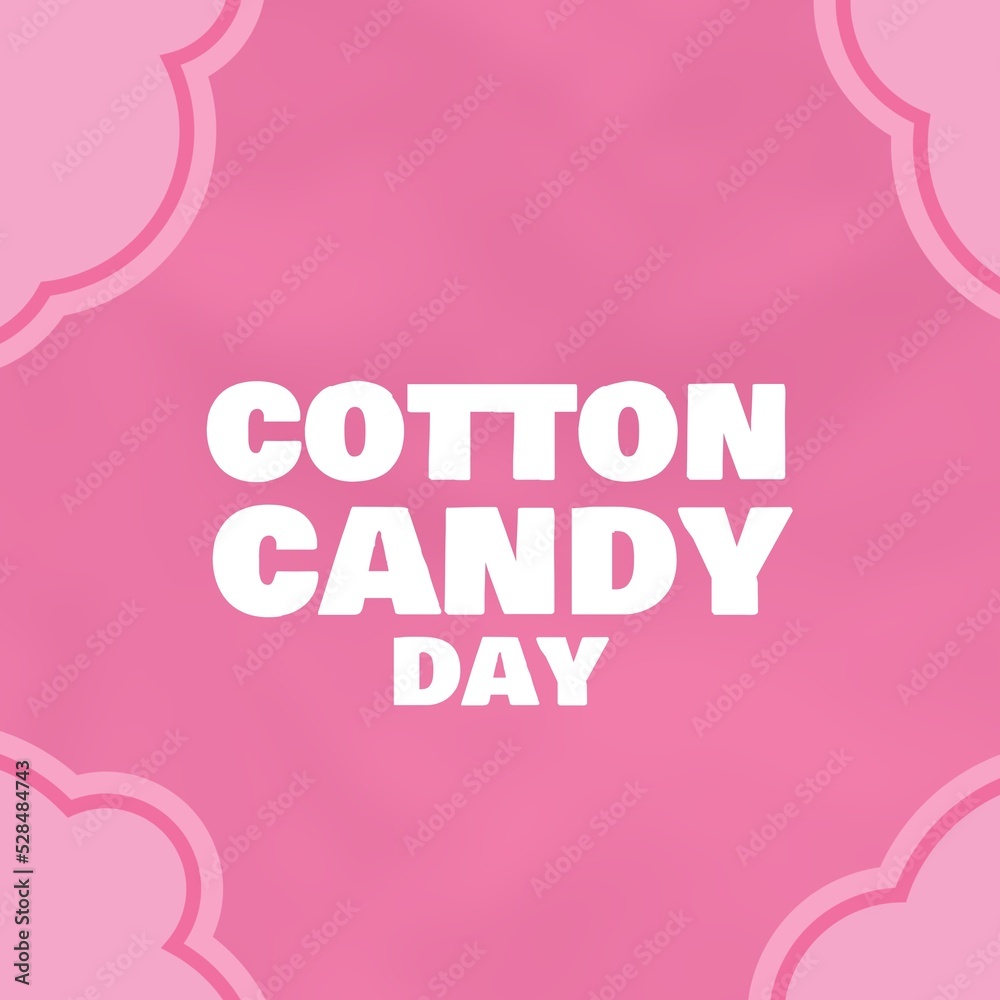 Illustration of cotton candy day with clouds over pink background, copy space
