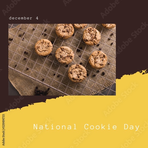 Composite of december 4 and national cookie day text with chocolate chip cookies on tray, copy space