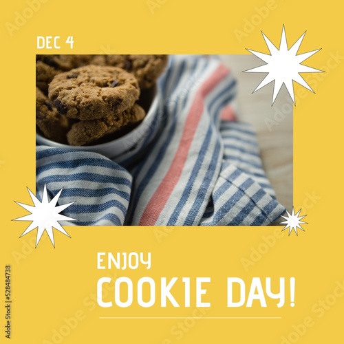Composite of dec 4 and enjoy cookie day text with chocolate chip cookies with cloth in bowl on table