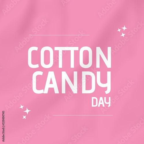 Illustration of cotton candy day text in white color stars over pink background, copy space