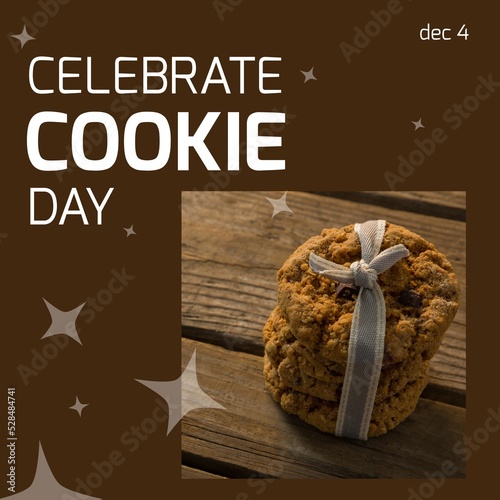 Composite of dec 4 and celebrate cookie day text with cookies tied with ribbon on wooden table