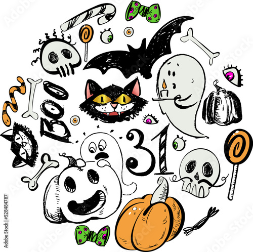 hand drawn halloween holiday vector symbols.ghosts,pumpkins,cats,candy canes,skulls and bones for holiday design and decoration.