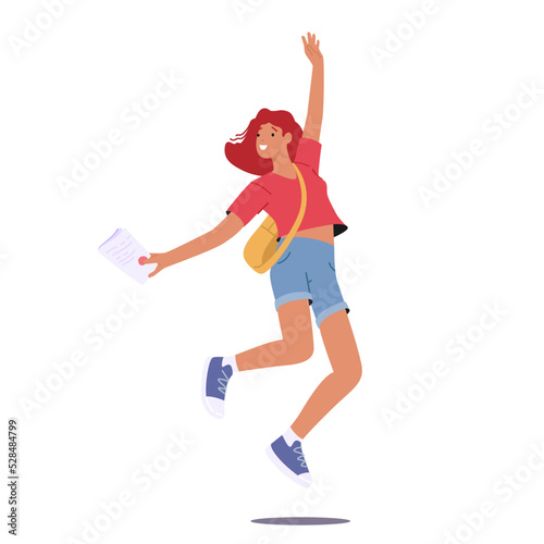 Happy Student Girl Jumping, Cheerful Young Female Character with Paper in Hand, Schoolgirl Isolated on White Background