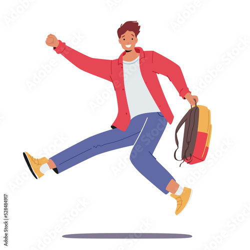 Happy Student Jump with Rucksack in Hand Isolated on White Background. Teenager Pupil Character Jumping. Back to School