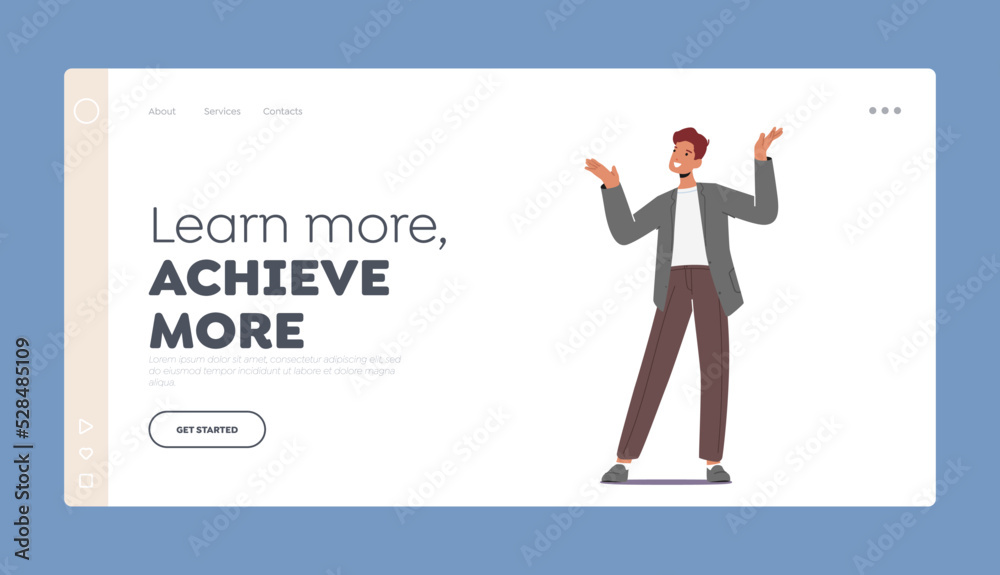 Learn and Achieve Landing Page Template. Adult Office Employee Man in Formal Clothes Smile and Gesturing Hands Learn and Achieve Landing Page Template. Adult Office Employee Man in Formal Clothes Smile and Gesturing Hands