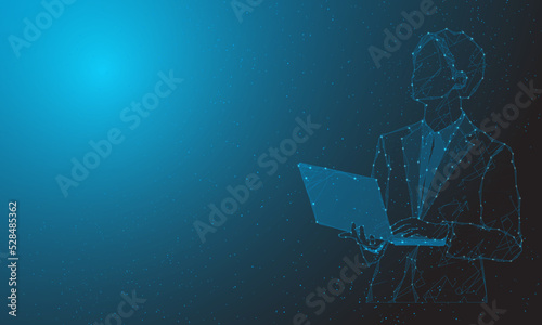 Abstract man portrait by high tech businessman on polygon from dotted lines and dark background blue line shapes