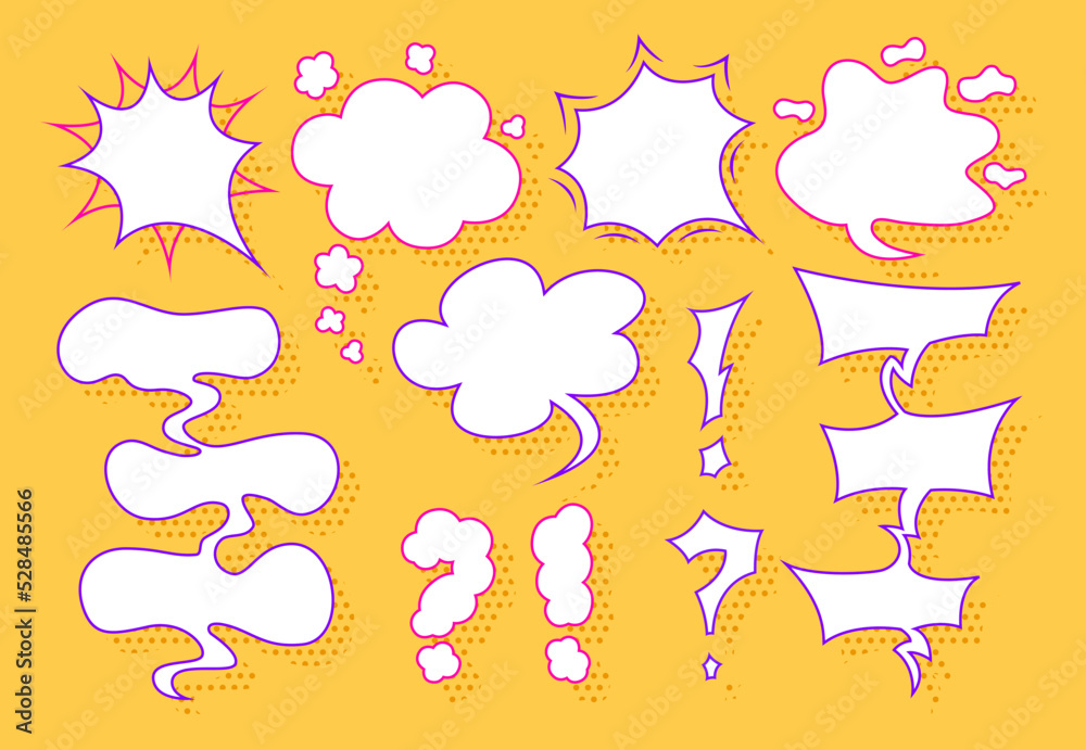 Pop art speech bubbles collection. Different shapes of empty speech bubbles and punctuation marks.