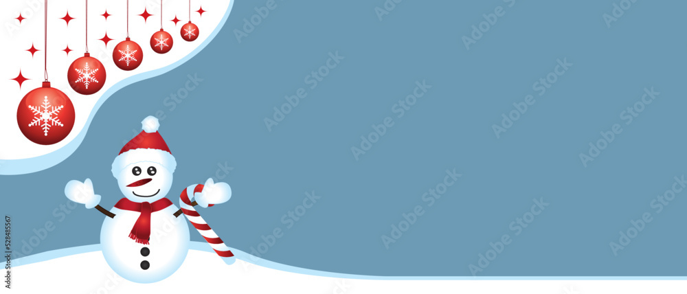 Winter merry christmas banner. Empty copy space for text. Vector illustration with snowman and baubles II.