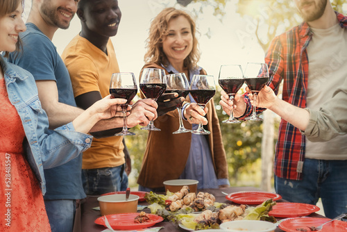 Cheerful Family drinking red wine and cheering outside - Best friends toasting together during the wine tasting party - multigenerational friendship lifestyle concept