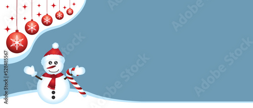 Winter merry christmas banner. Empty copy space for text. Vector illustration with snowman and baubles II.