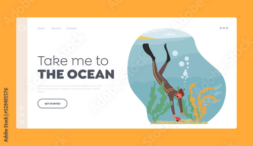 Snorkeling or Diving Landing Page Template. . Man Scuba Diver in Swimming Suit Pick Up Shell from Sea or Ocean Bottom