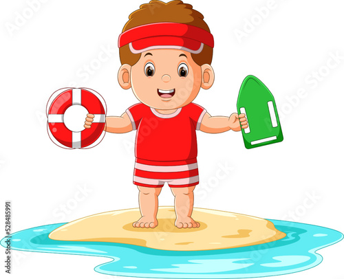 The good boy is holding safety equipment to swim on the beach