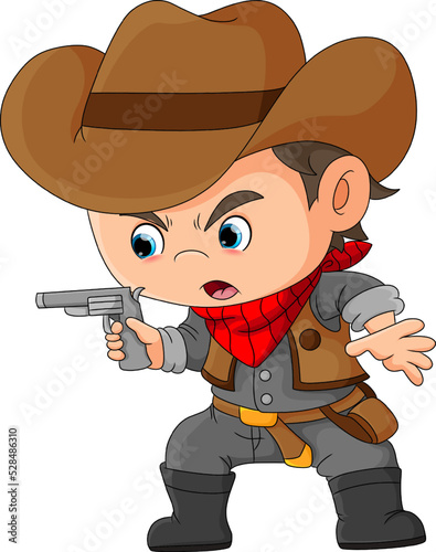 The cool cowboy is holding and shooting with the gun