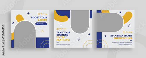 Set of editable templates for Instagram post, Facebook square, start up, marketing, business, fresh design with white blue yellow colour and minimalist vectors (3/3)