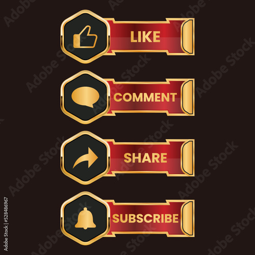 red golden like comment share and subscribe button vector set