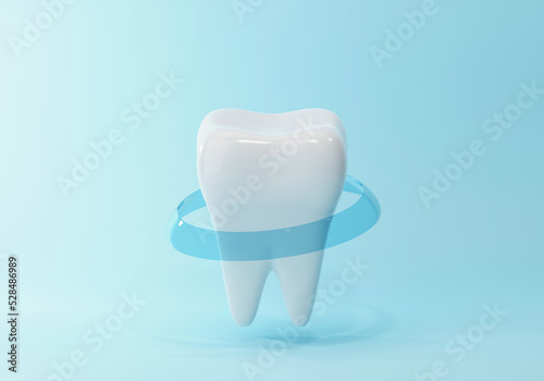 White healthy tooth, mouthwash and toothpaste refreshing and whitening effect. Caring for the oral cavity concept. 3D render, 3D illustration