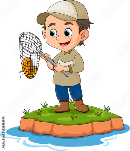 The boy is catching the fish with net
