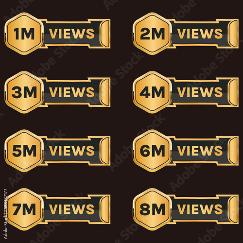 youtube million views celebration badge, golden 1 million views to 8 million views banner design