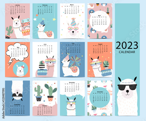 Cute calendar 2023 with llama for children.Can be used for printable graphic