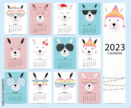 Cute calendar 2023 with llama for children.Can be used for printable graphic