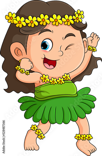 The cute girl is wearing and posing the hawaiian with beautiful flowers on body
