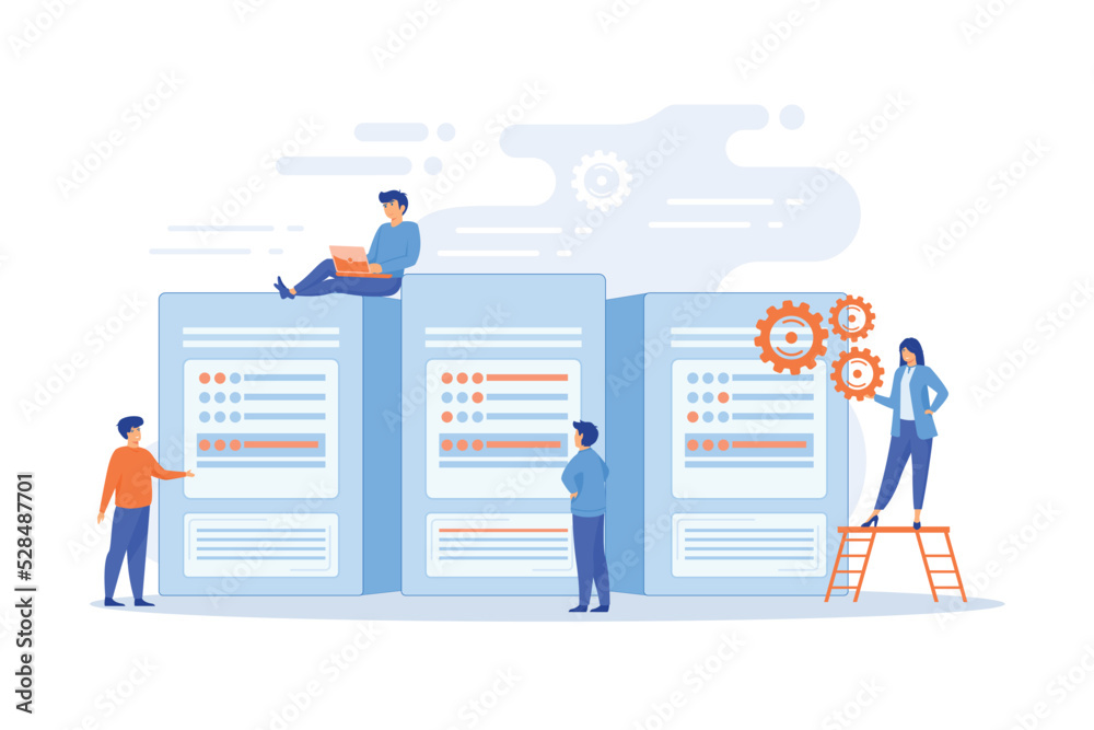 Tiny people data center engineers and administrator working with servers. Data center, centralized computer system, remote data storage concept. flat vector modern illustration Tiny people data center engineers and administrator working with servers. Data center, centralized computer system, remote data storage concept. flat vector modern illustration