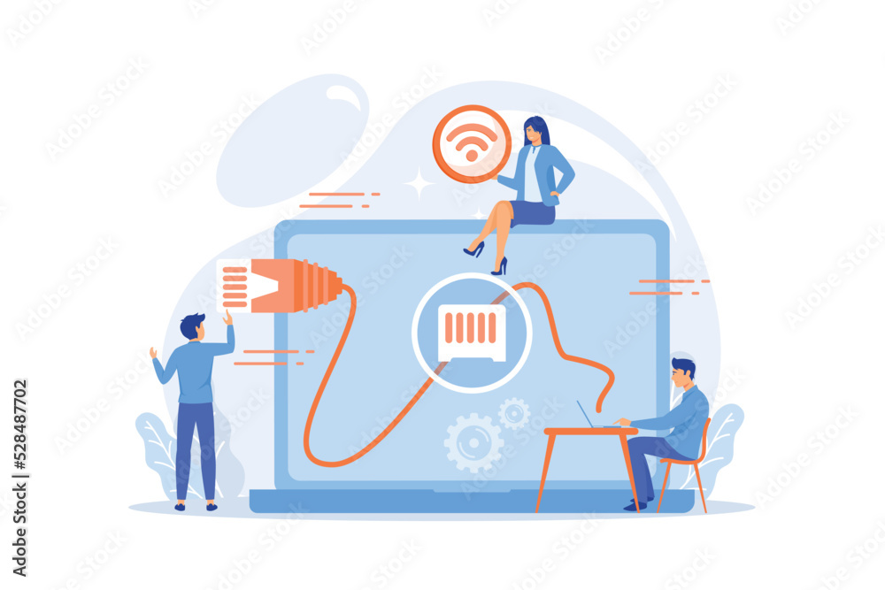 Businessman at table using laptop with ethernet connection. Ethernet connection, LAN connection technology, ethernet network system concept. flat vector modern illustration - obrazy, fototapety, plakaty 