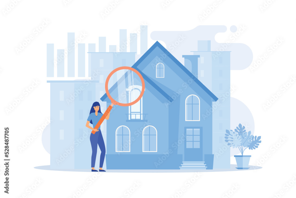 Real estate customer with magnifier looking for property for sale. Real estate market, real estate transactions, property market concept. flat vector modern illustration Real estate customer with magnifier looking for property for sale. Real estate market, real estate transactions, property market concept. flat vector modern illustration