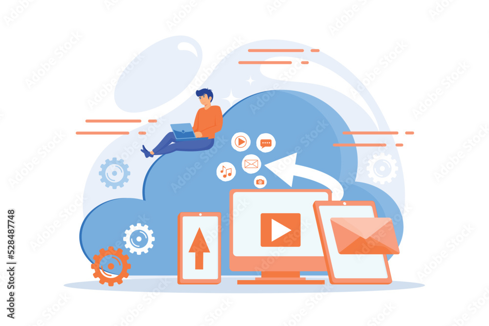 Digital devices and businessman with laptop on cloud using IaaS. Cloud based engine, infrastructure as a service, virtual machine on demand concept. flat vector modern illustration Digital devices and businessman with laptop on cloud using IaaS. Cloud based engine, infrastructure as a service, virtual machine on demand concept. flat vector modern illustration