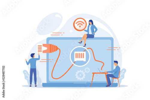 Businessman at table using laptop with ethernet connection. Ethernet connection, LAN connection technology, ethernet network system concept. flat vector modern illustration